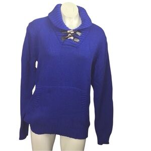 Blue Cowl Neck Sweater with Toggle Accents